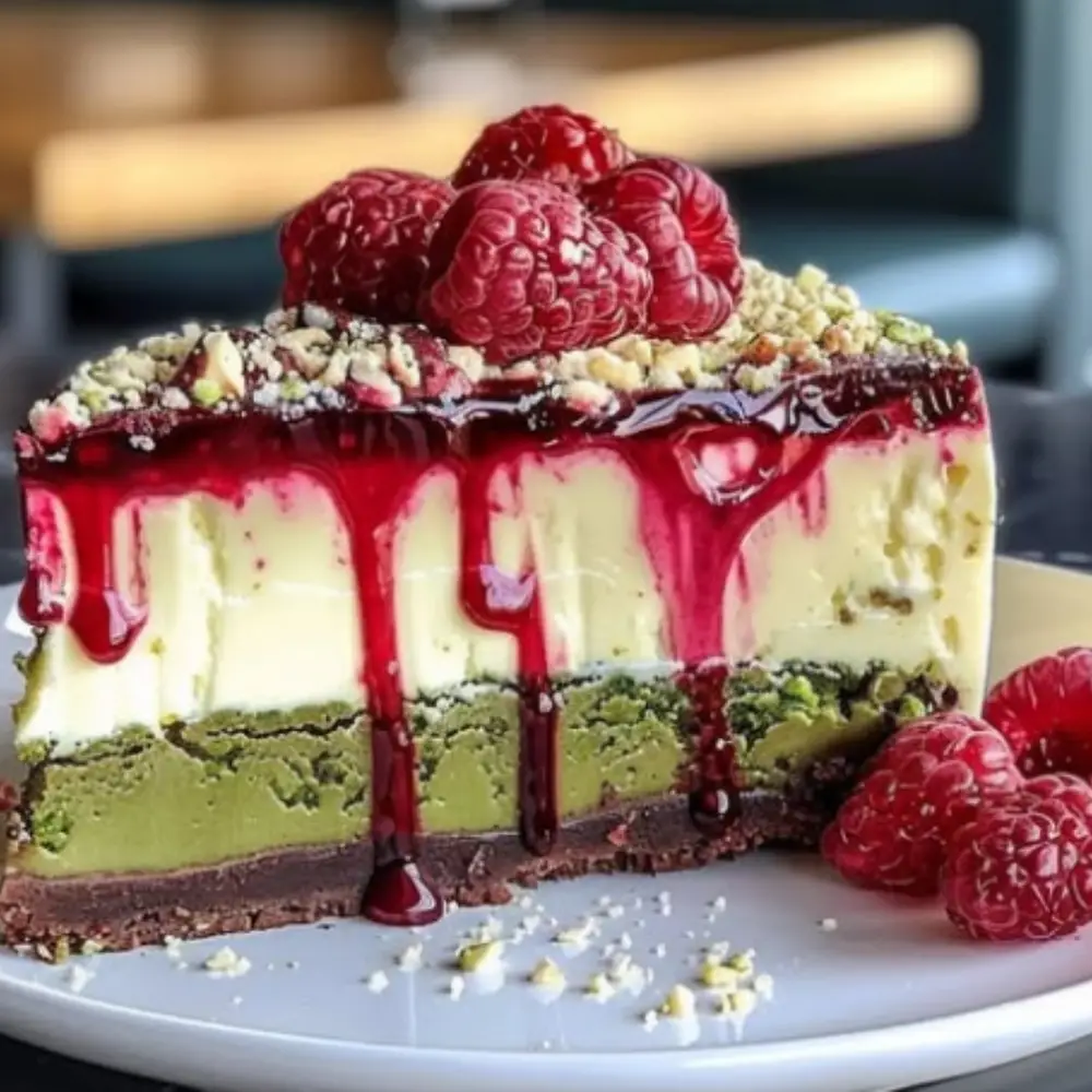 Elegant Pistachio Raspberry Crunch Cheesecake