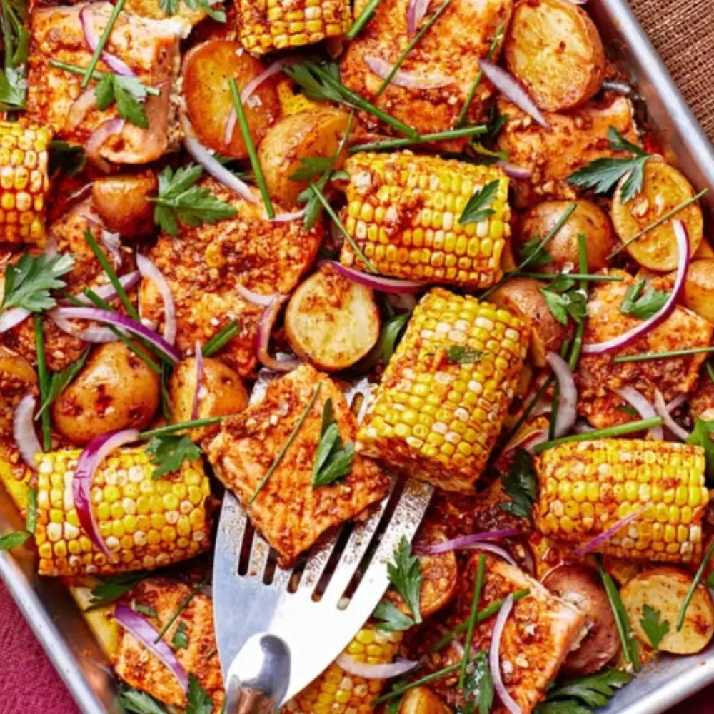 Spiced Salmon with Potatoes and Corn