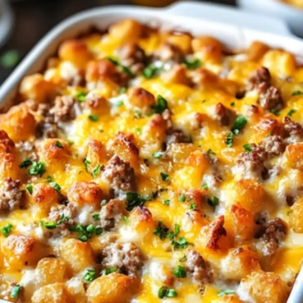 Sausage Cream Cheese Tater Tot Breakfast Casserole