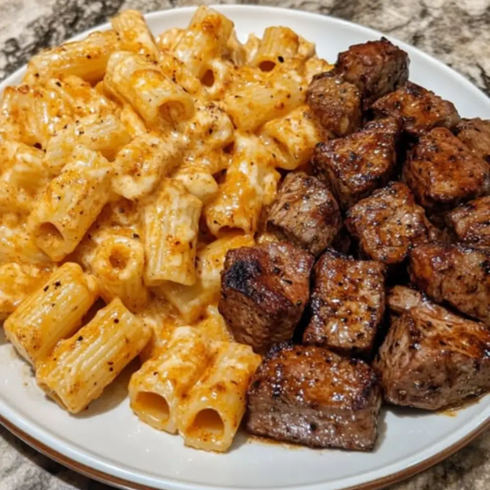 Cajun Steak Tips in Cheesy Rigatoni Parmesan Sauce