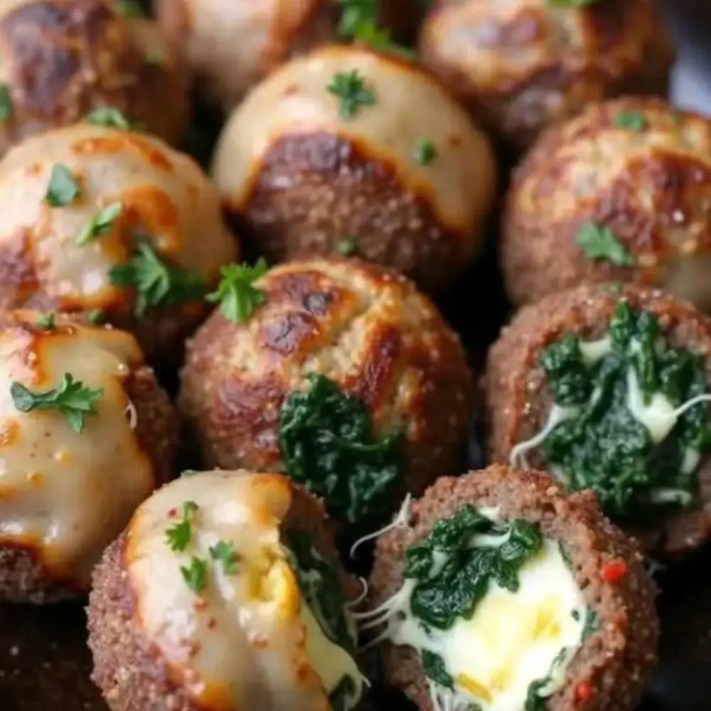 Spinach Garlic Meatballs Stuffed with Mozzarella