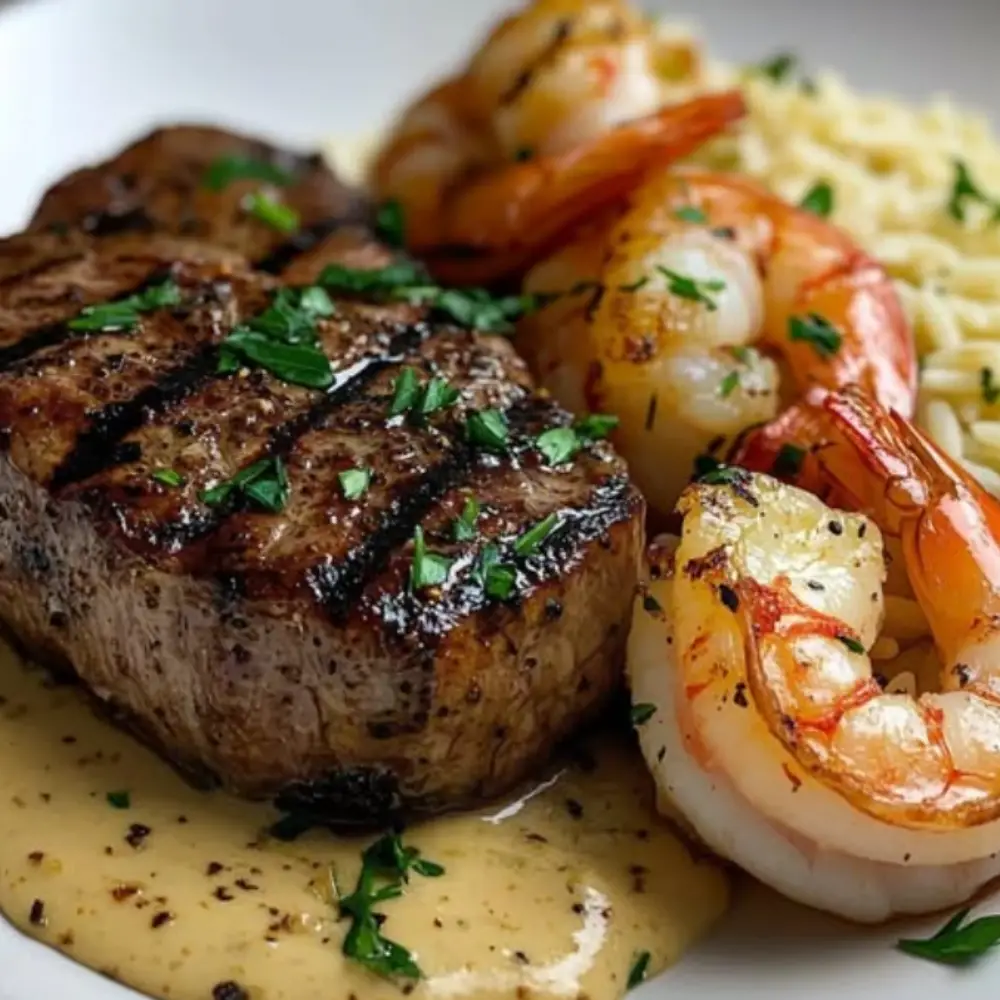Grilled Steak with Pepper Sauce, Grilled Shrimp, and Orzo Rice
