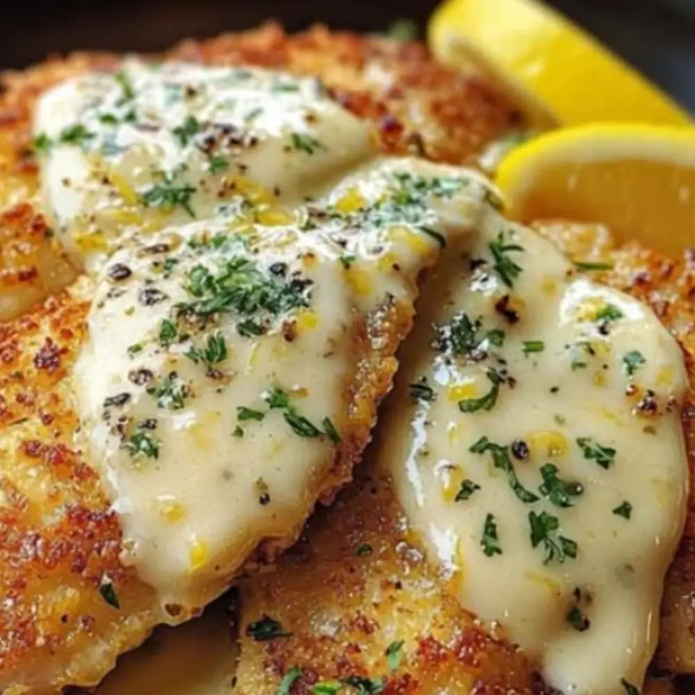 Lemon Pecorino Crusted Chicken with Creamy Lemon Sauce