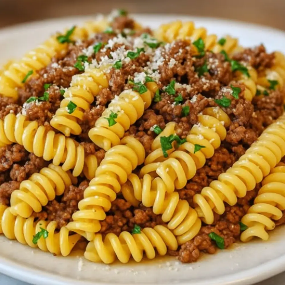 Beef and Rotini in Garlic Parmesan Sauce