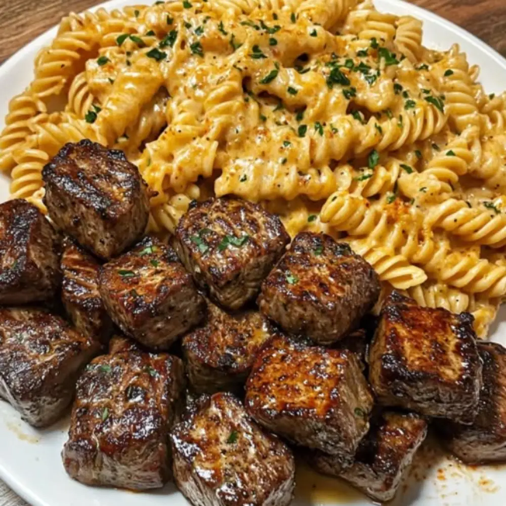 Garlic Butter Steak Bites & Spicy Cajun Alfredo Twisted Pasta