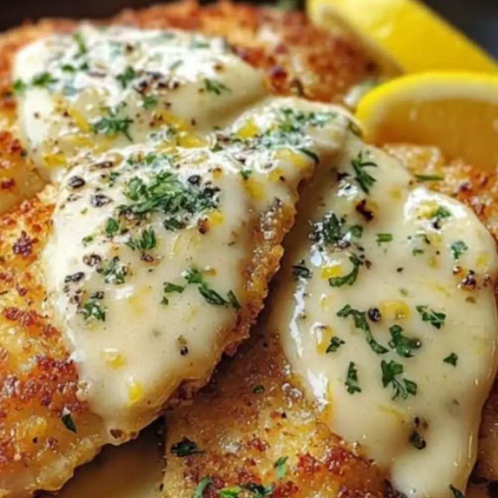 Lemon Pecorino Crusted Chicken with Creamy Lemon Sauce