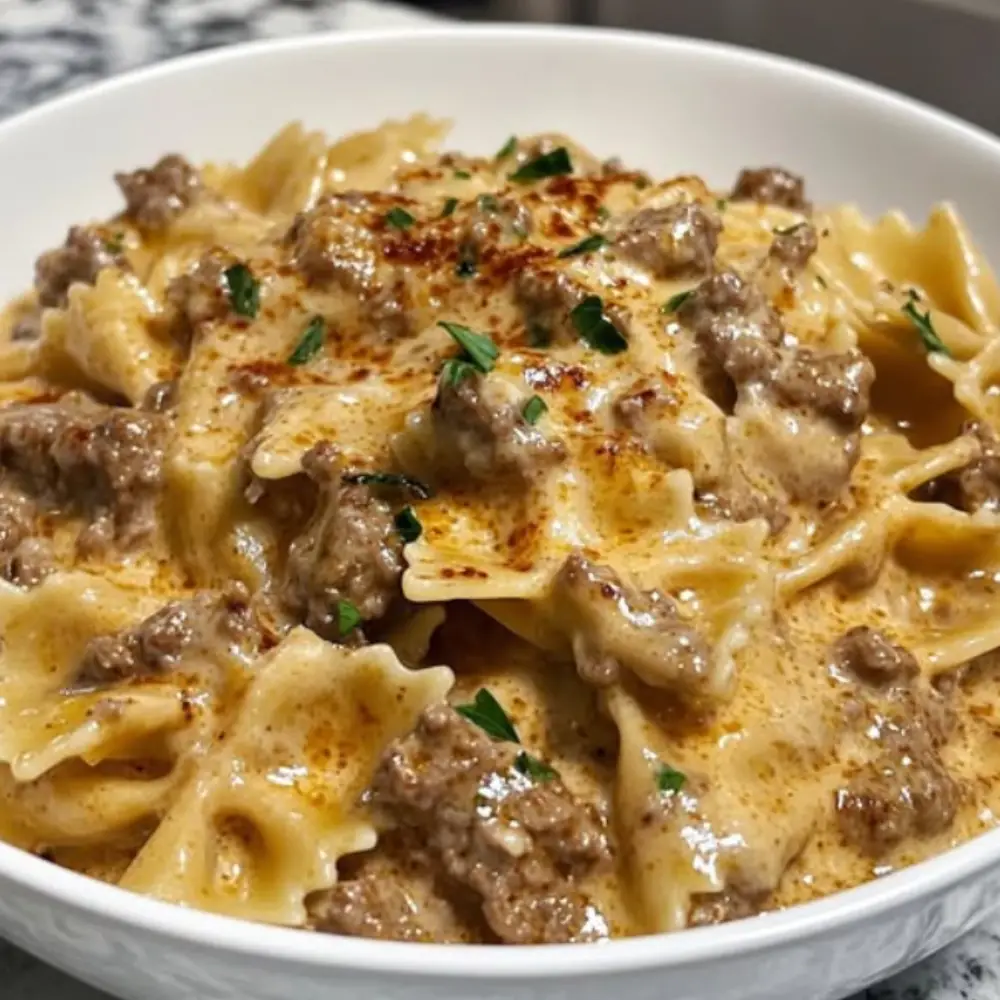 Creamy Parmesan Garlic Beef Bowtie Pasta
