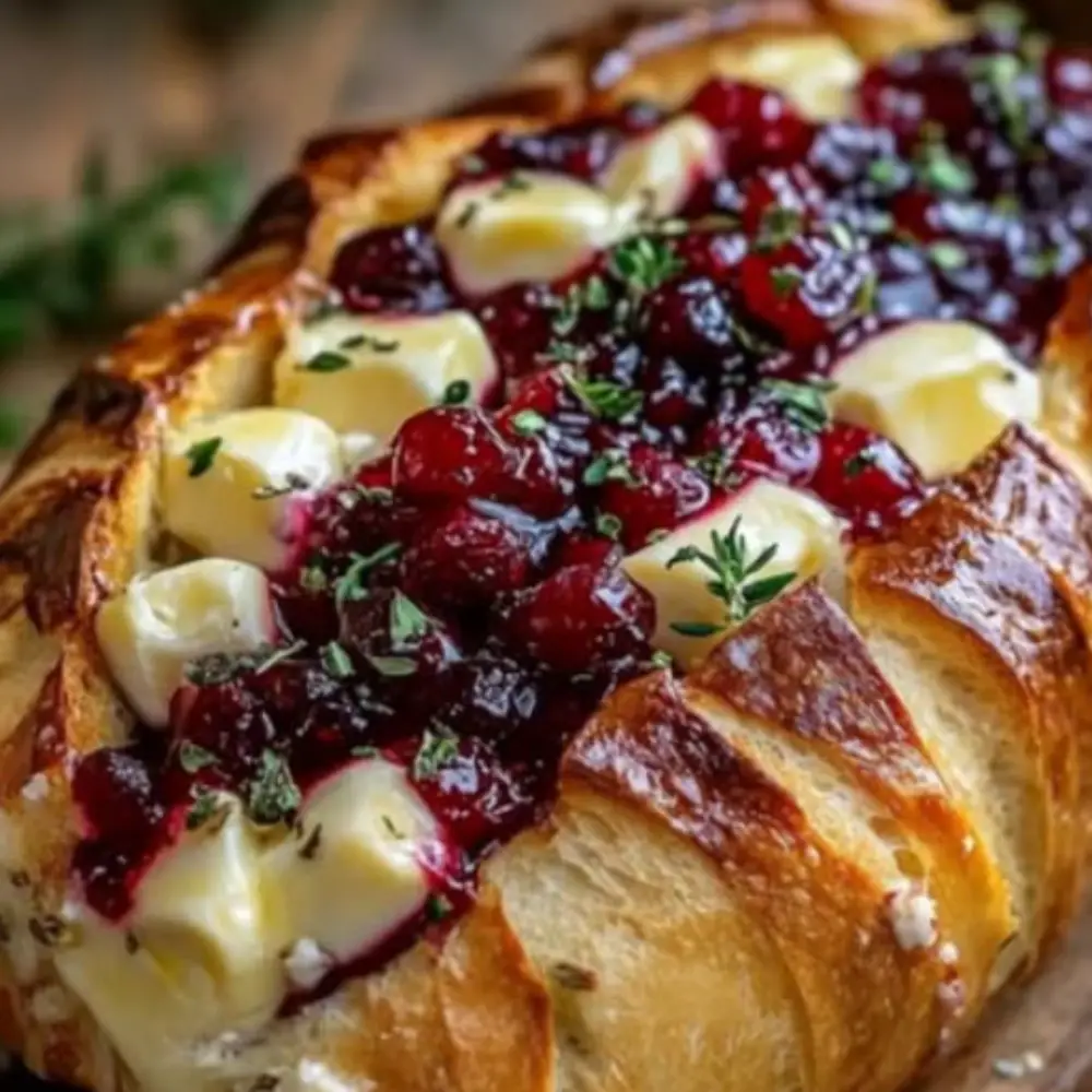 Garlic Herb Sourdough Bread Stuffed with Brie & Cranberry